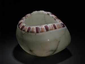 Large white Alabaster bowl with rim of hotspring travertine onyx and micaceous quartzite. Paul Hawkins 2009
